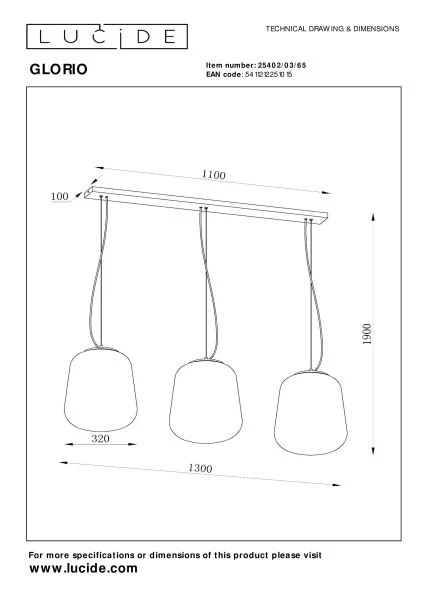 Lucide GLORIO - Hanglamp - 3xE27 - Zwart - technisch